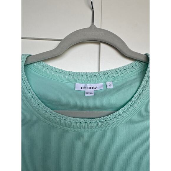 Chico's Turquoise Ribbed Crochet- Trimmed Tank, Size L - Picture 3 of 6